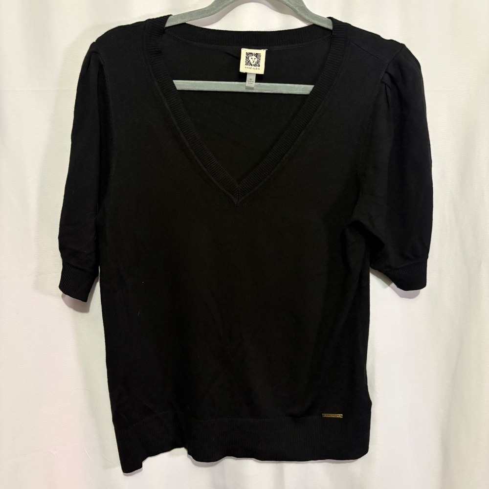 Anne Klein Black V-Neck Short Sleeve Puff Shoulder Knit Sweater Top Womens M